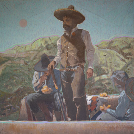Painting by SM Chavez of three Vaqueros Standing on a Roof