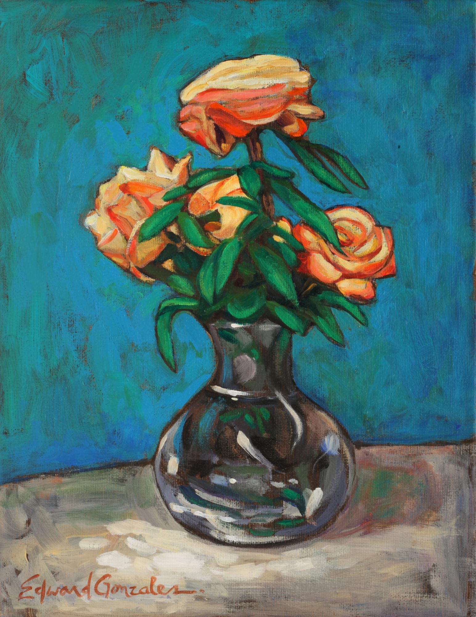"PEACH ROSES IN A GLASS VASE" - By Edward Gonzales