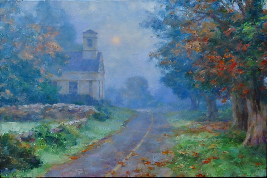 "Evening Mist On Grassy Hill Road (Lyme Church, CT)" - By Gregory Frank Harris
